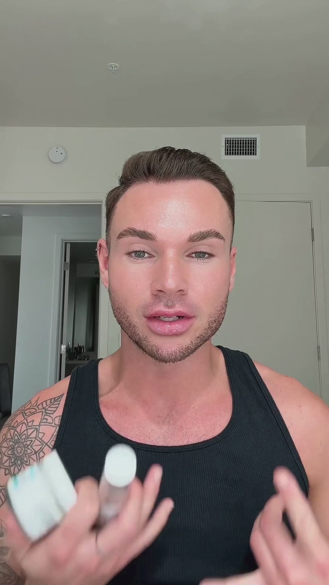 A video of a man, expressing how well the skin silk moisturizer and philler peptide serum work for his skin, he uses the skincare product to reduce the appearance of fine lines and wrinkles.