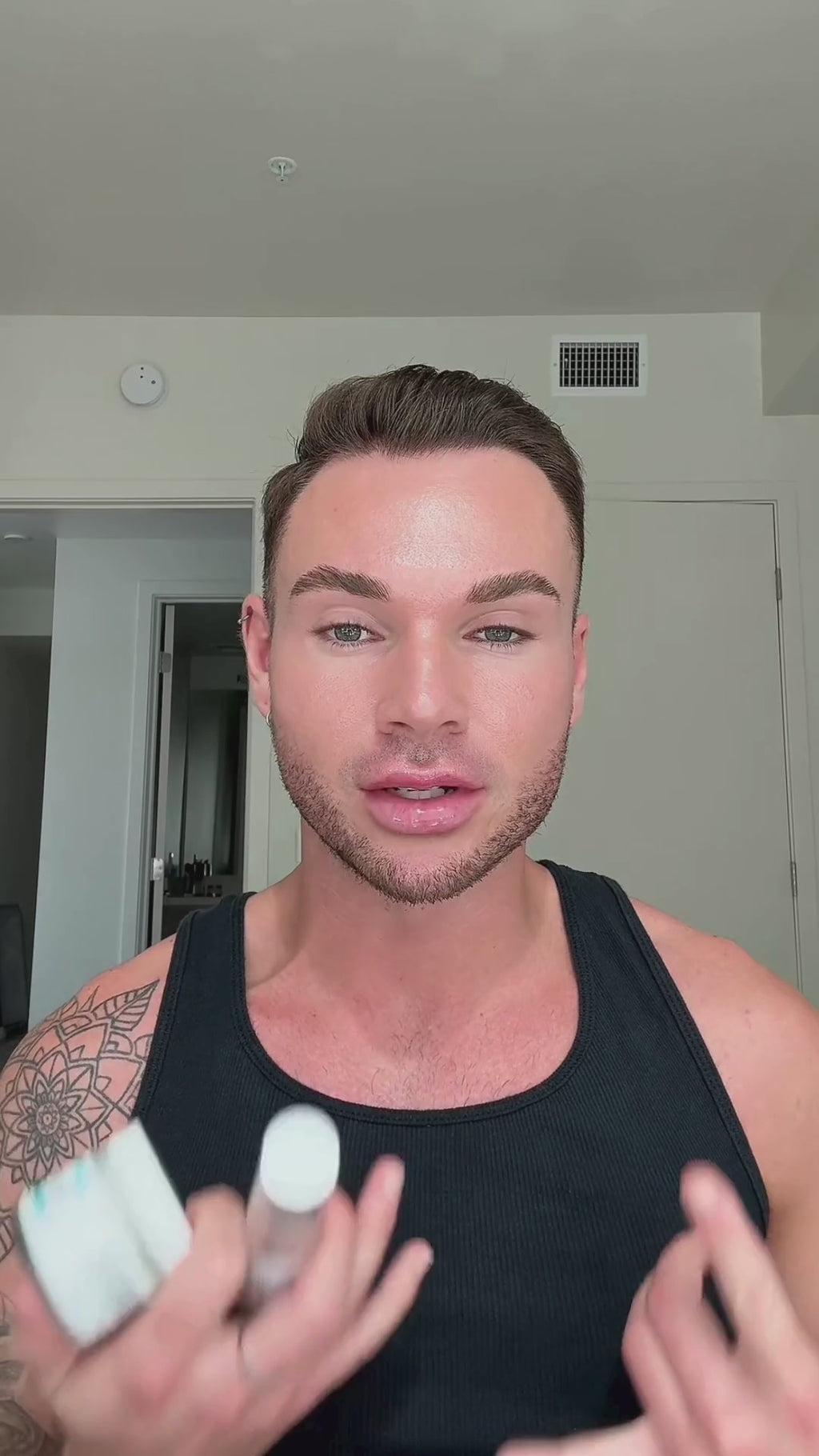 A video of a man, expressing how well the skin silk moisturizer and philler peptide serum work for his skin, he uses the skincare product to reduce the appearance of fine lines and wrinkles.  